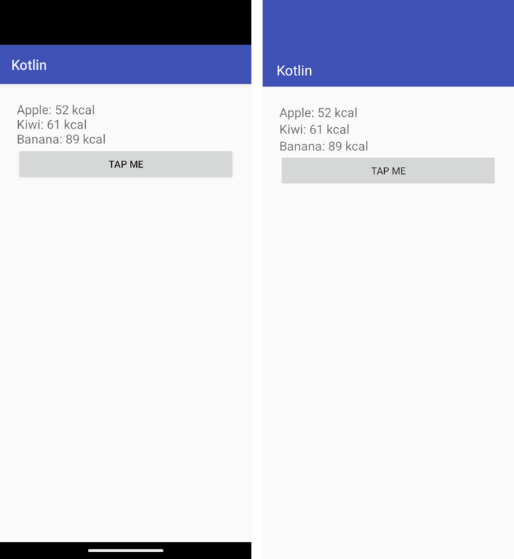 An activity written in Kotlin, on Android (left) and on Codename One (right)